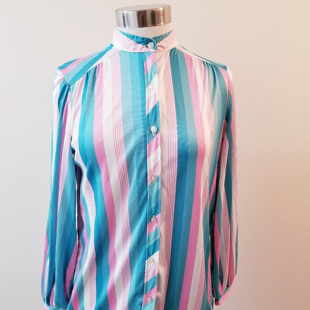 ❤️3 for $10 - 80s Vintage Striped Polyester Blouse - Large/Extra Large
